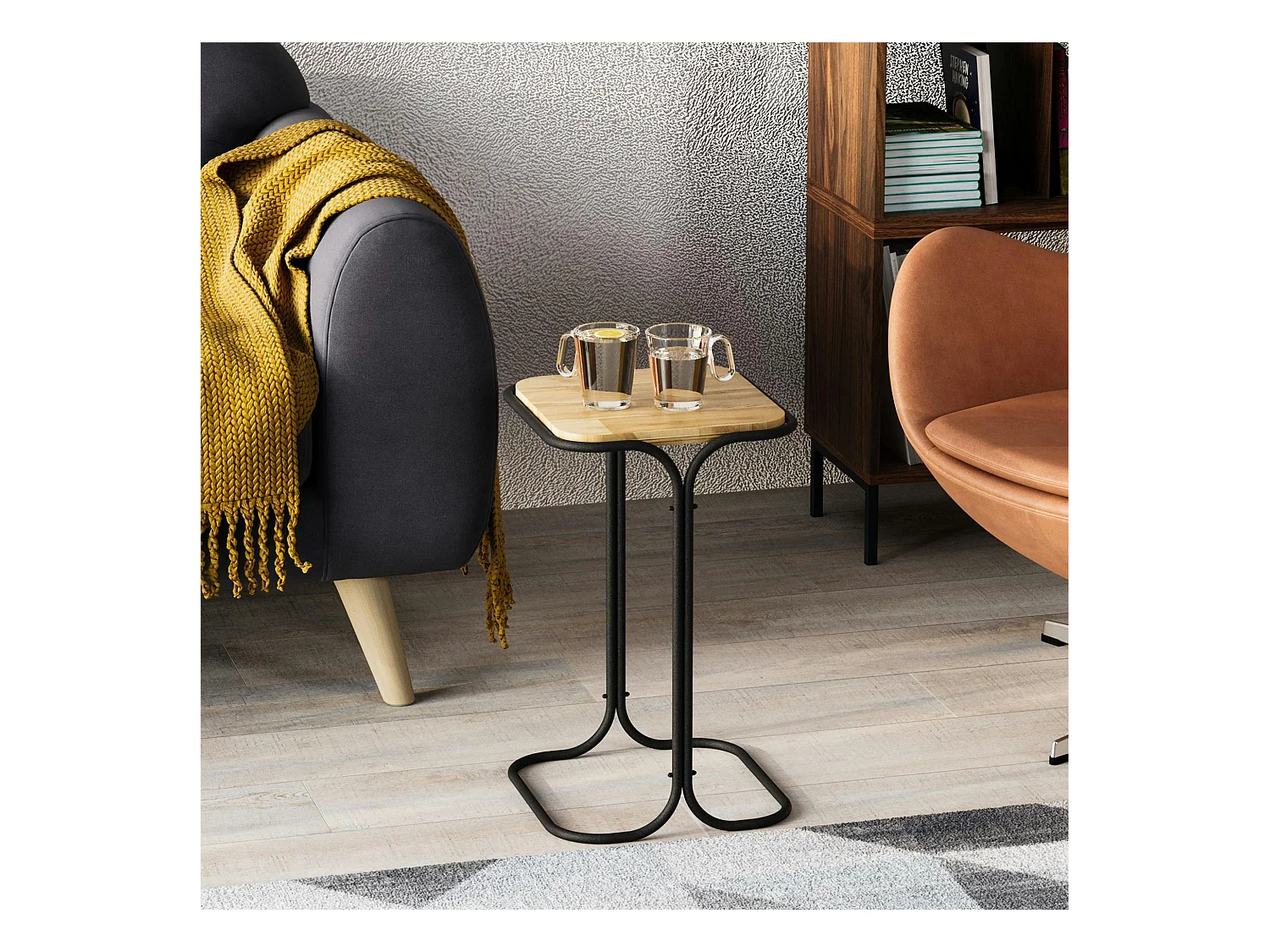 Table d'appoint noire - plateau en bois clair carré JENA