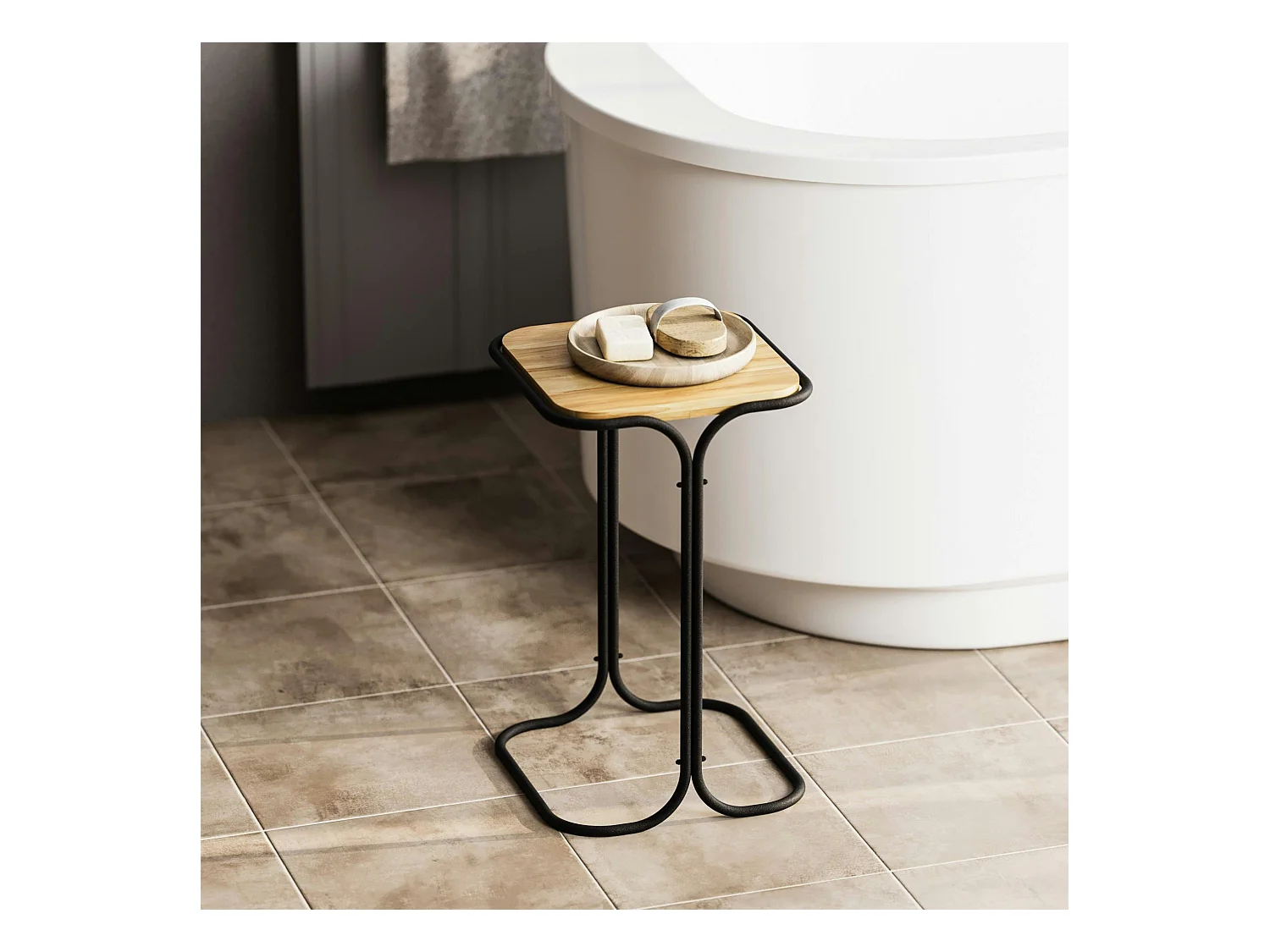 Table d'appoint noire - plateau en bois clair carré JENA