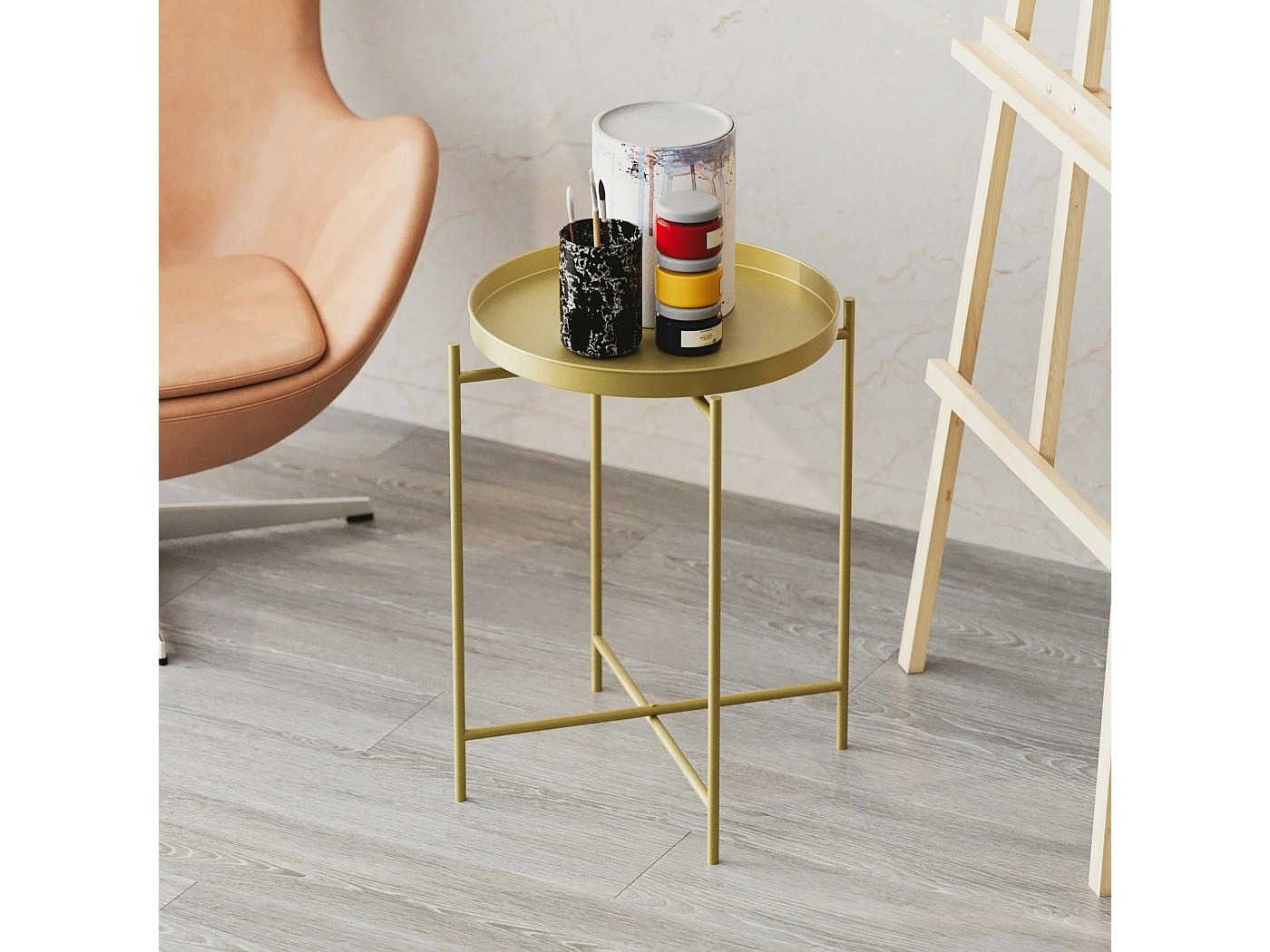 SMTBMS Table d'Appoint Ronde Dorée - Élégante Table à Cocktail et à Boissons pour Salon et Petits Espaces, Blanche