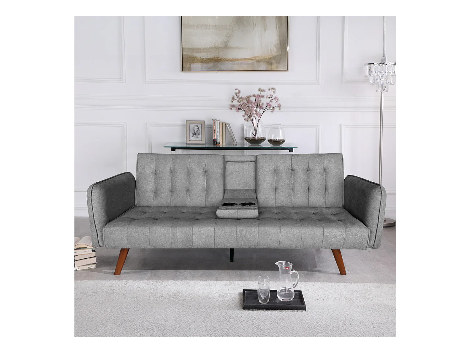 Canapé 3 places convertible en velours avec tablette centrale rabattable gris INVERNESS