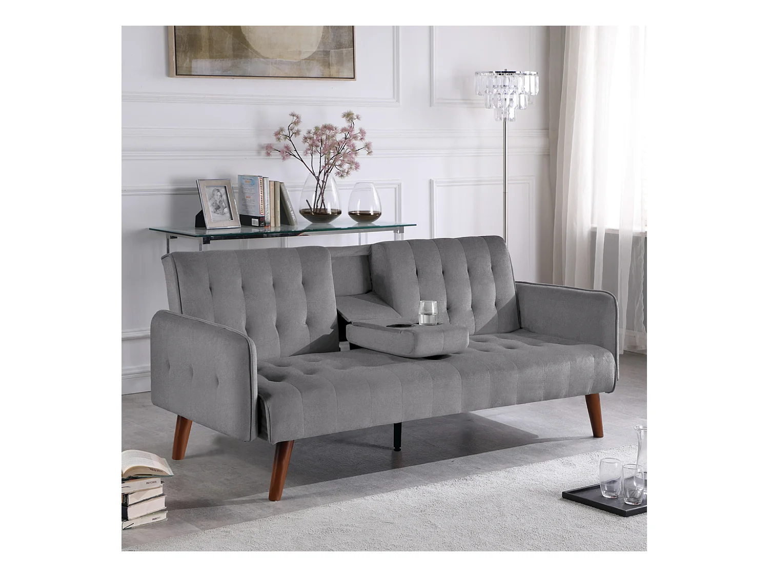 Canapé 3 places convertible en velours avec tablette centrale rabattable gris INVERNESS