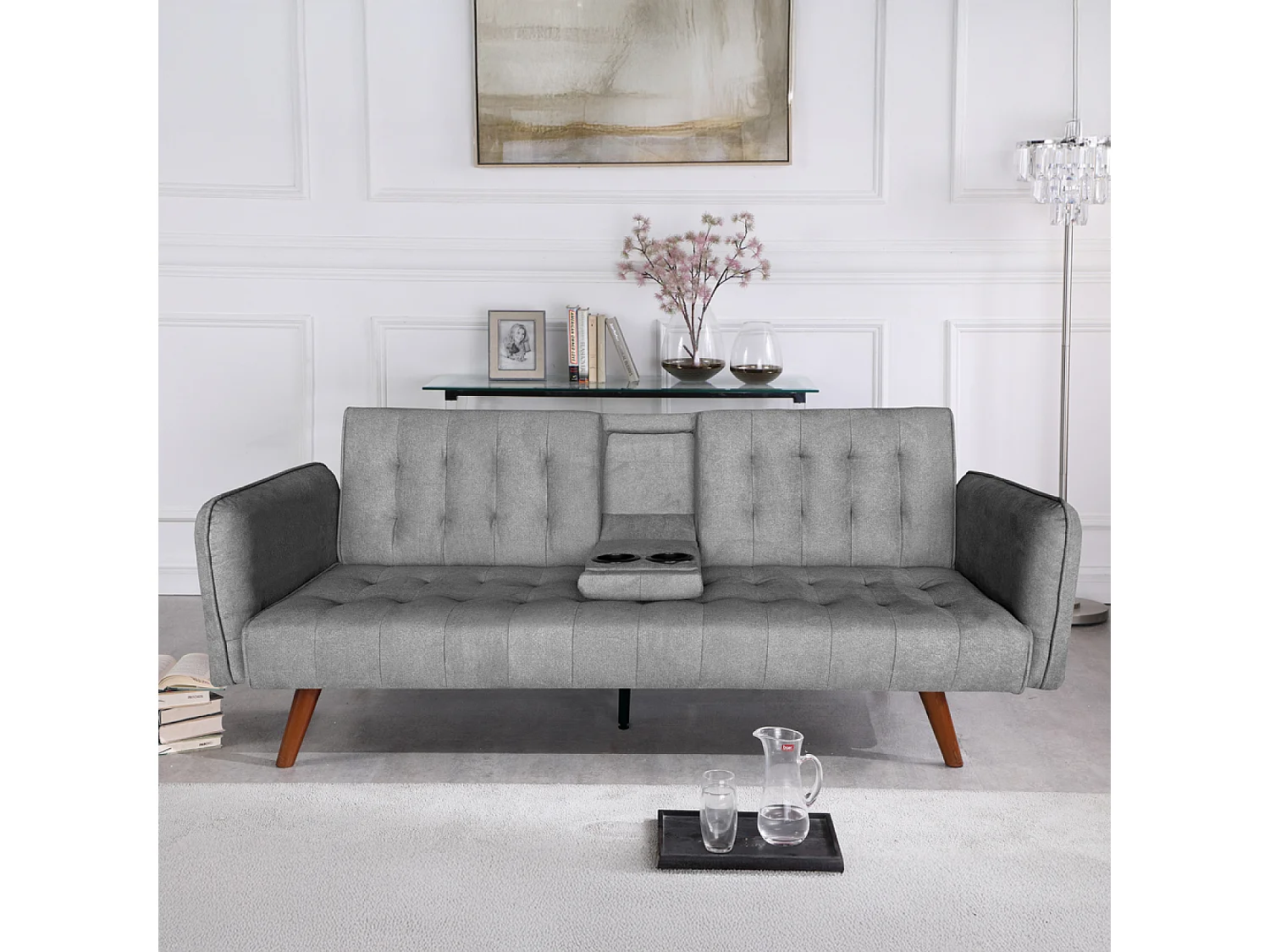 Canapé 3 places convertible en velours avec tablette centrale rabattable gris INVERNESS