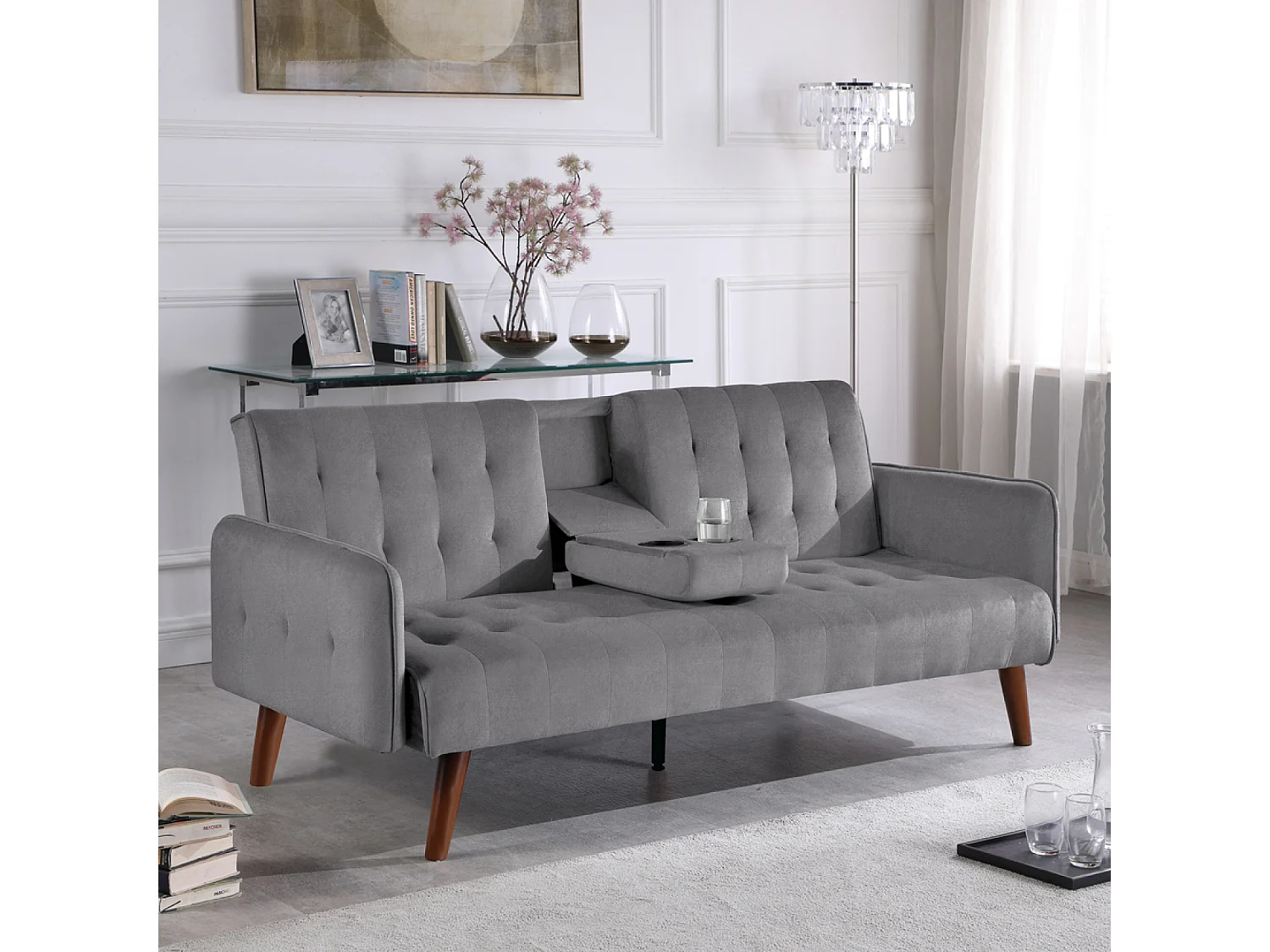 Canapé 3 places convertible en velours avec tablette centrale rabattable gris INVERNESS