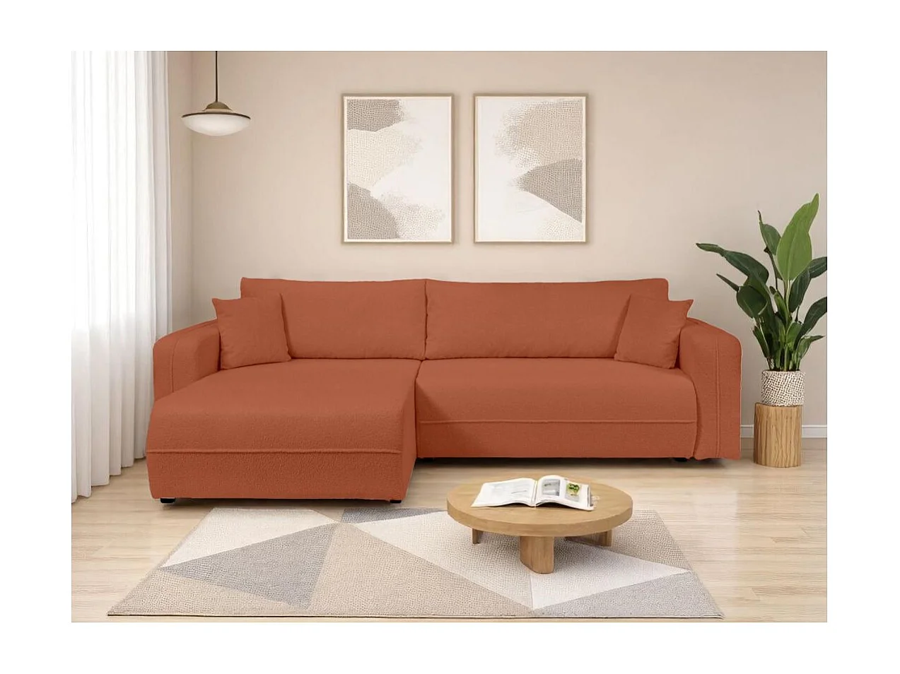 Canapé d'angle LEILA convertible et réversible 3 places en tissu bouclette - Terracotta