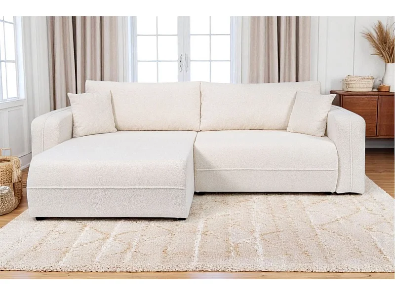 Canapé LEILA d'angle réversible et convertible 4 places en tissu bouclette - Blanc