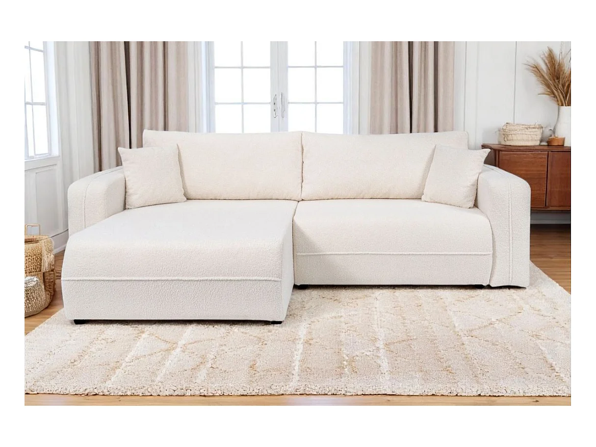 Canapé LEILA d'angle réversible et convertible 4 places en tissu bouclette - Blanc