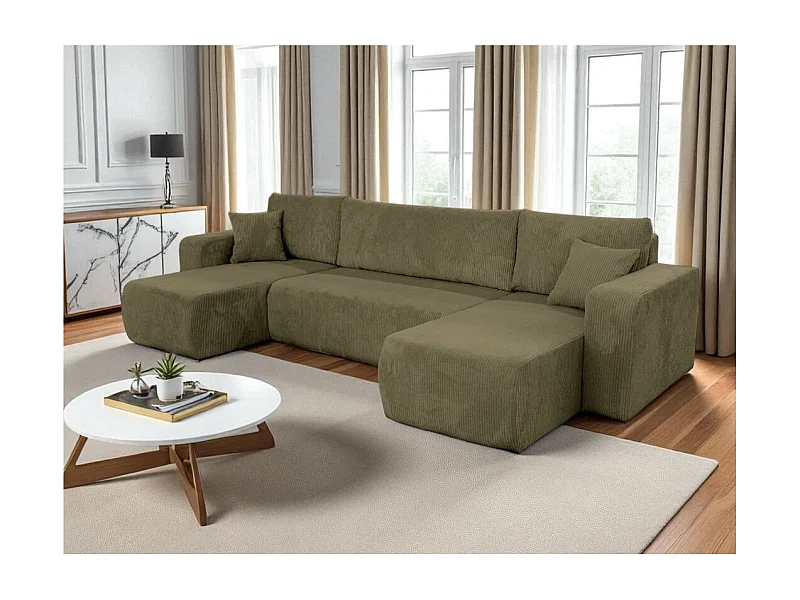 Canapé d'angle ALYA panoramique convertible 6 places en velours cotelé - Vert
