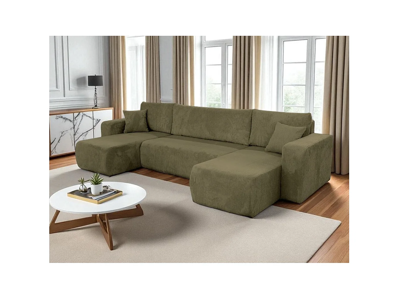 Canapé d'angle ALYA panoramique convertible 6 places en velours cotelé - Vert