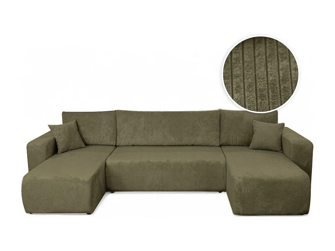 Canapé d'angle ALYA panoramique convertible 6 places en velours cotelé - Vert