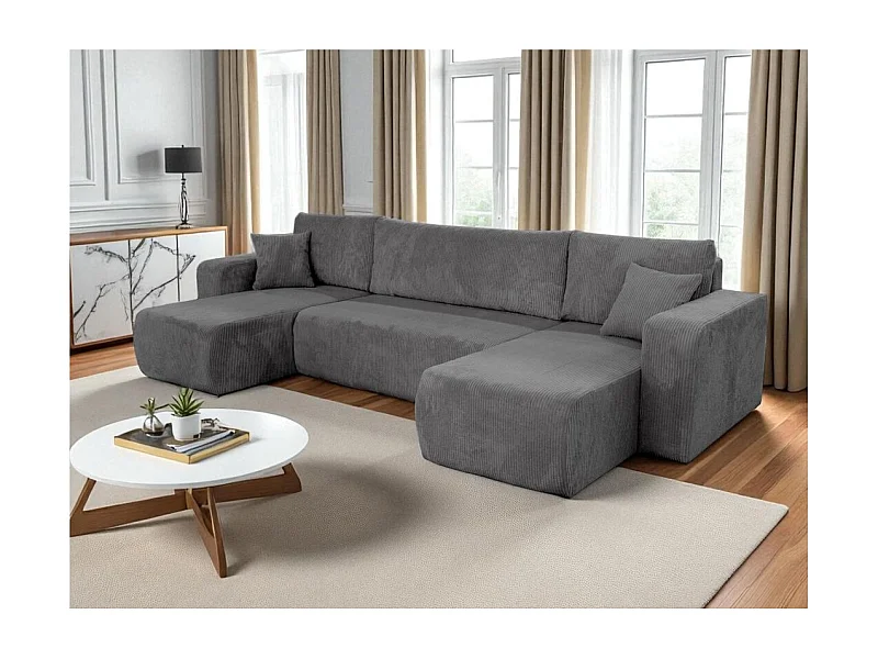 Canapé d'angle ALYA panoramique convertible 6 places en velours cotelé - Gris
