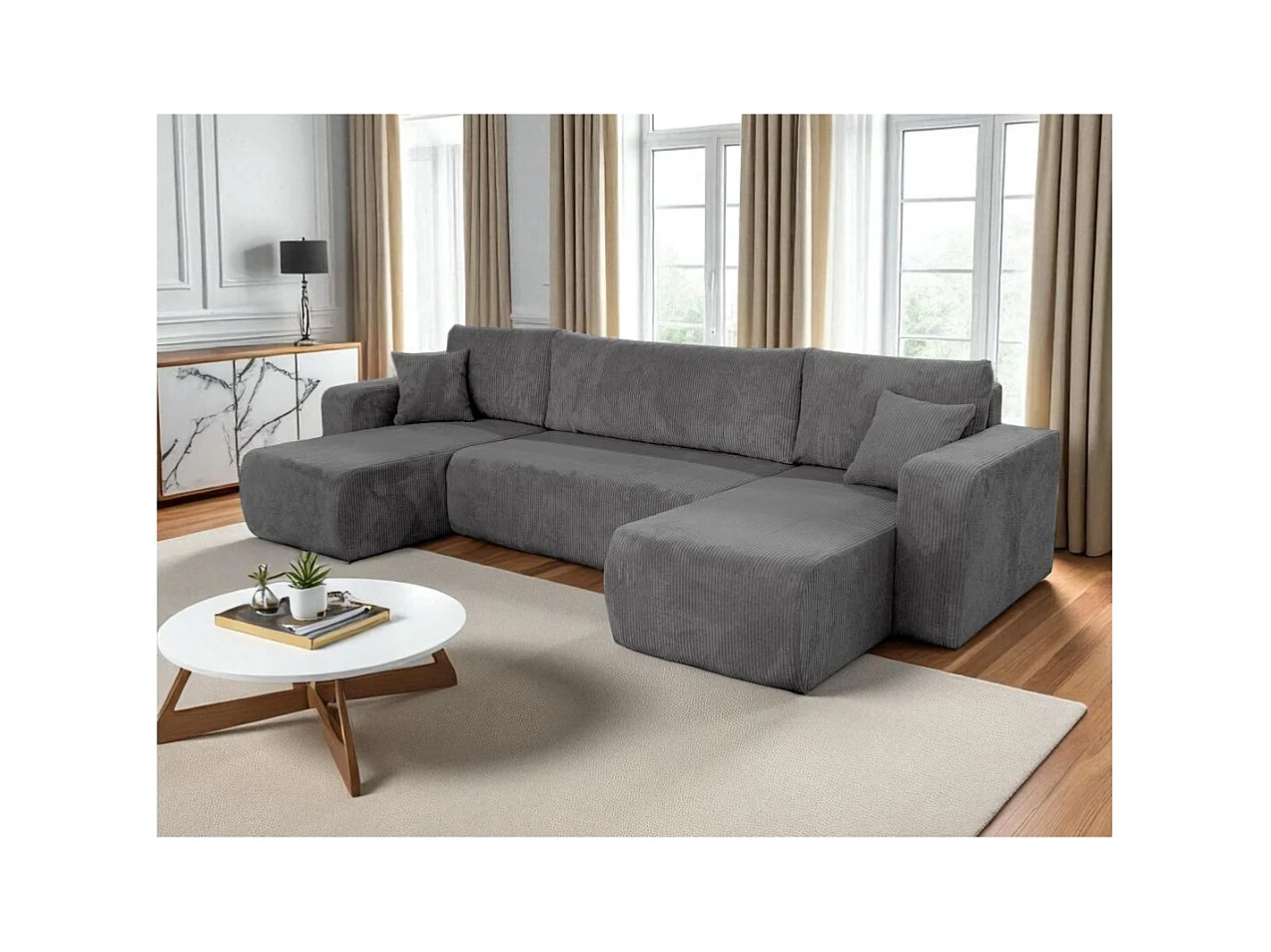 Canapé d'angle ALYA panoramique convertible 6 places en velours cotelé - Gris