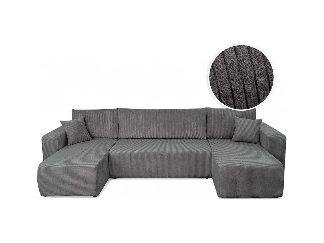 Canapé d'angle ALYA panoramique convertible 6 places en velours cotelé - Gris