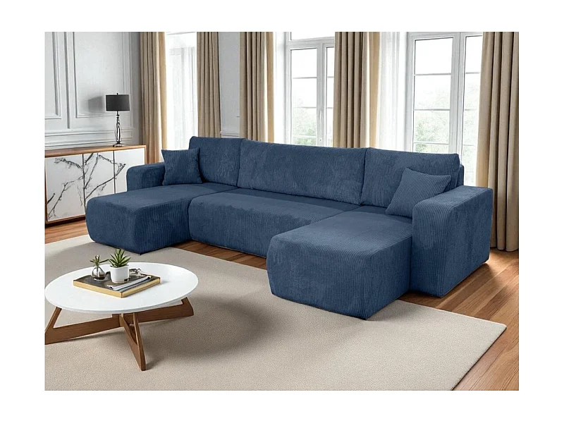Canapé d'angle ALYA panoramique convertible 6 places en velours cotelé - Bleu