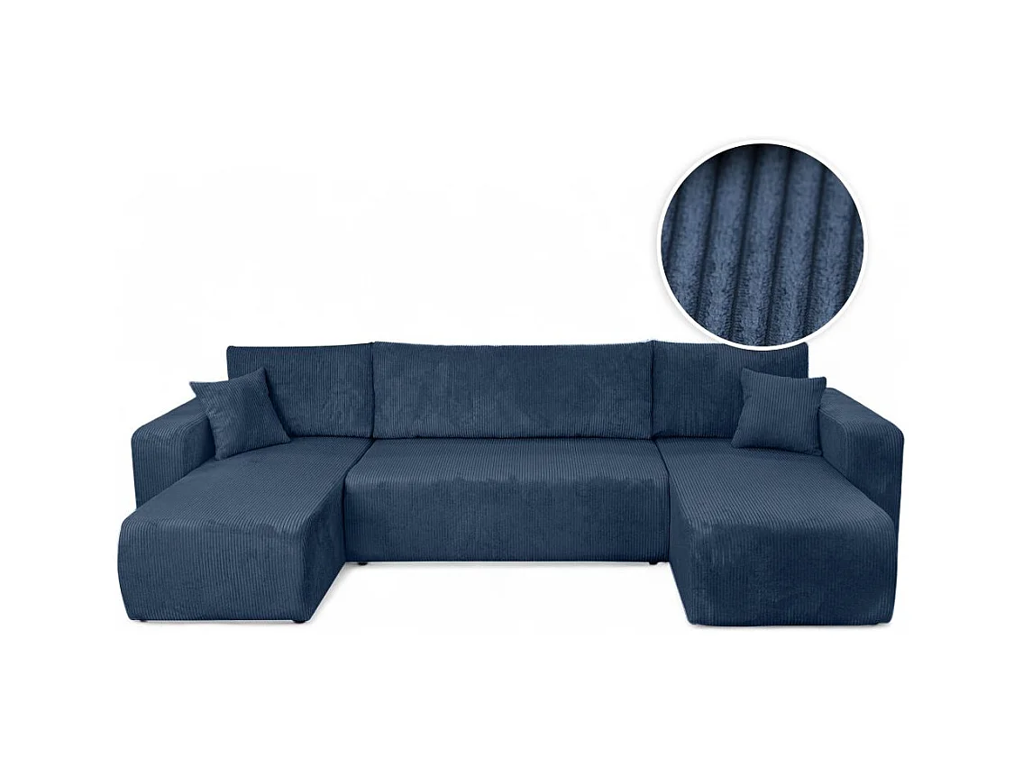 Canapé d'angle ALYA panoramique convertible 6 places en velours cotelé - Bleu