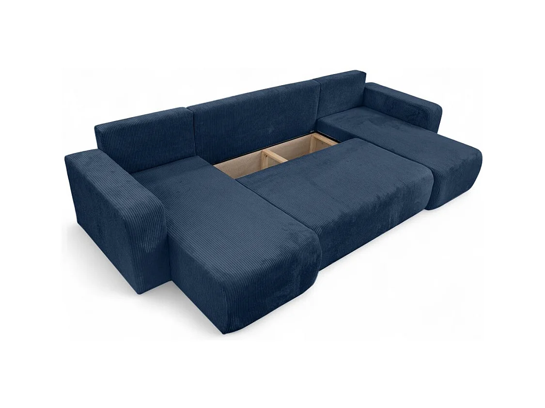 Canapé d'angle ALYA panoramique convertible 6 places en velours cotelé - Bleu