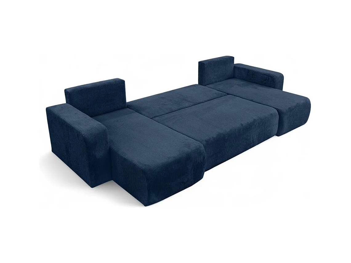 Canapé d'angle ALYA panoramique convertible 6 places en velours cotelé - Bleu