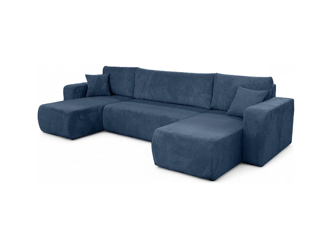 Canapé d'angle ALYA panoramique convertible 6 places en velours cotelé - Bleu
