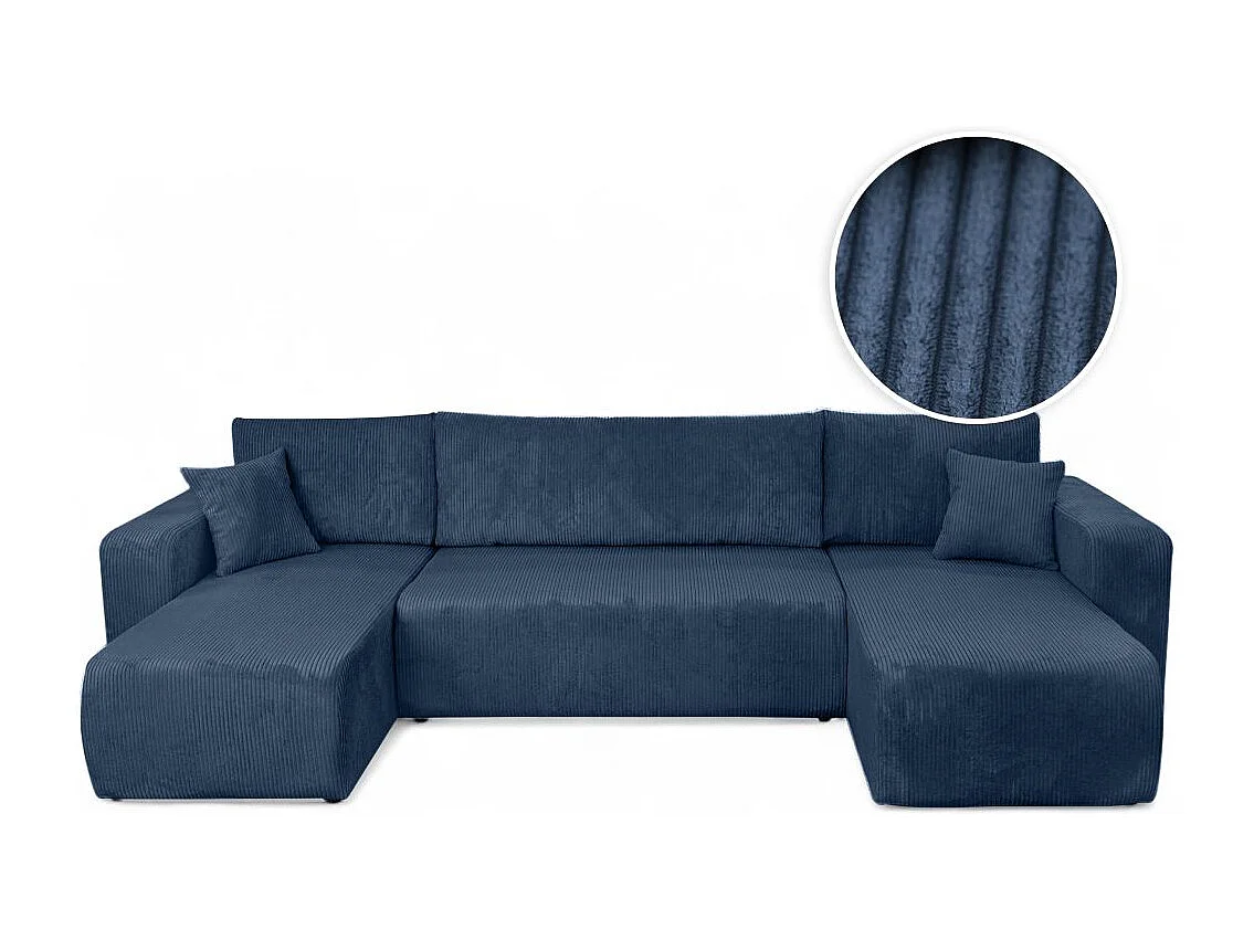 Canapé d'angle ALYA panoramique convertible 6 places en velours cotelé - Bleu