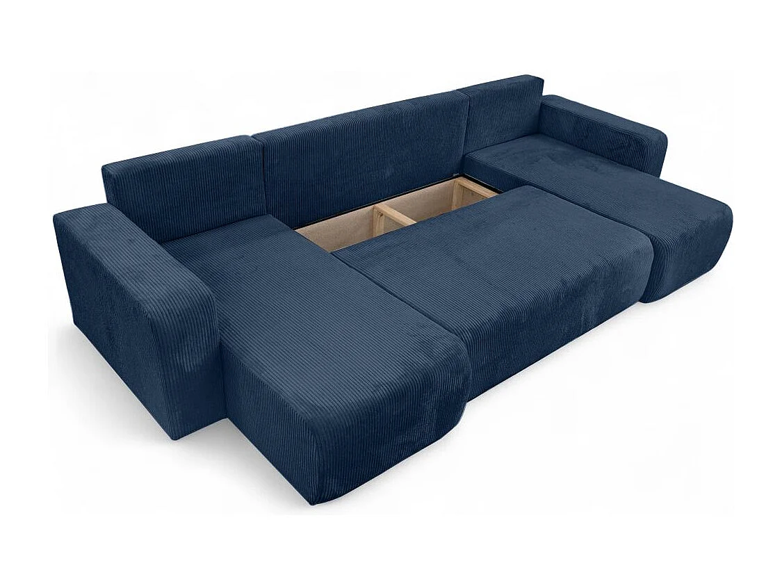 Canapé d'angle ALYA panoramique convertible 6 places en velours cotelé - Bleu