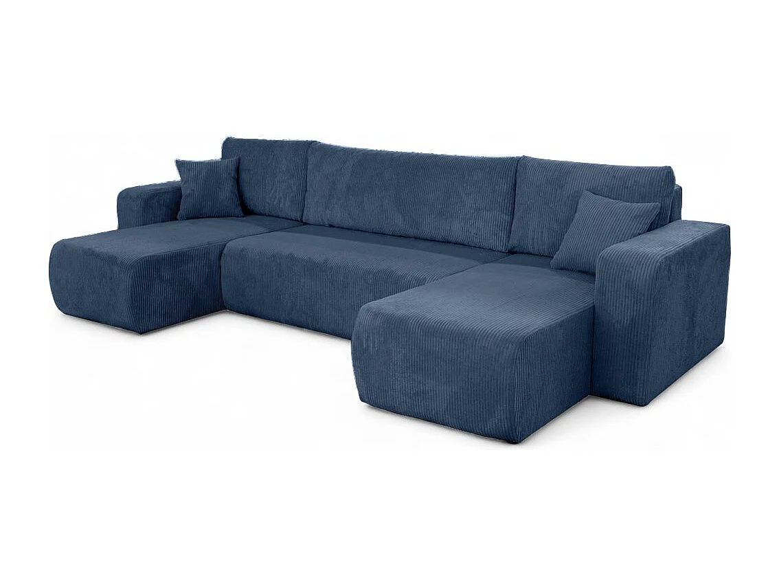 Canapé d'angle ALYA panoramique convertible 6 places en velours cotelé - Bleu