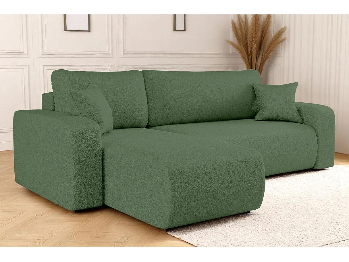 Canapé d'angle ALYA convertible et réversible 4 places en tissu bouclette - Vert