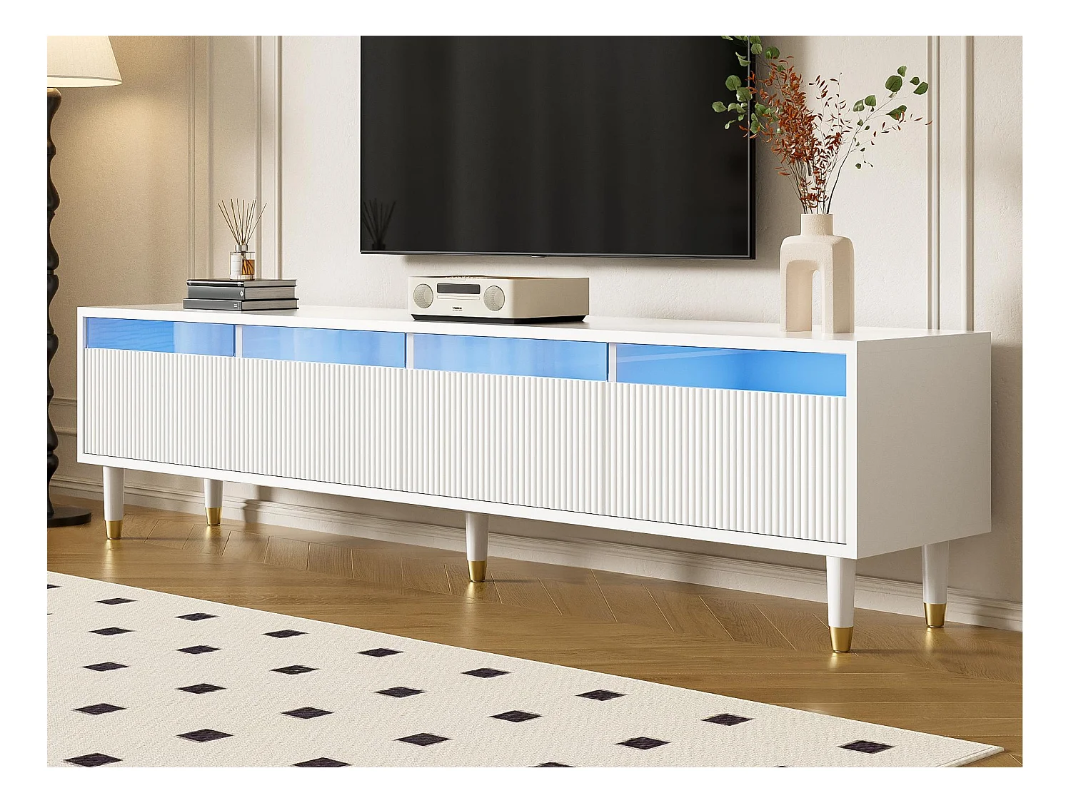 Meuble TV moderne 178x35x45cm - avec éclairage LED - 4 tiroirs - MDF - Blanc