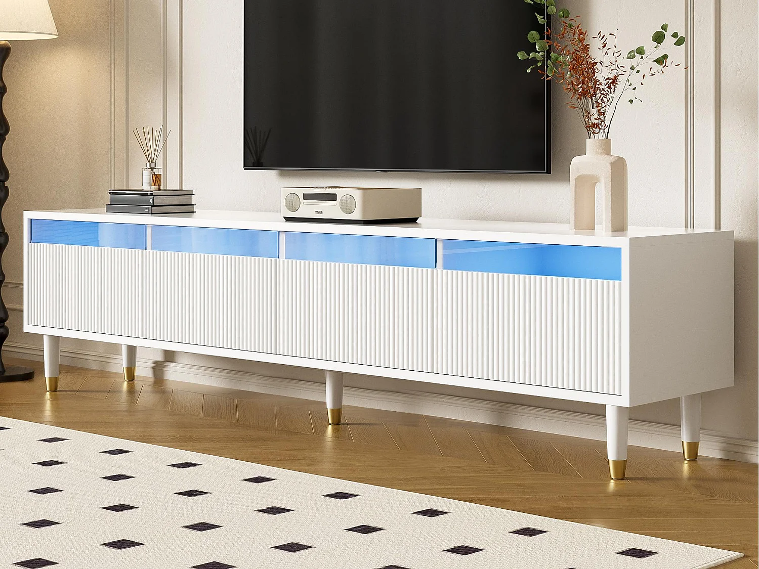 Mobile TV moderno 178×35×45 cm - con illuminazione LED - 4 cassetti - MDF - bianco