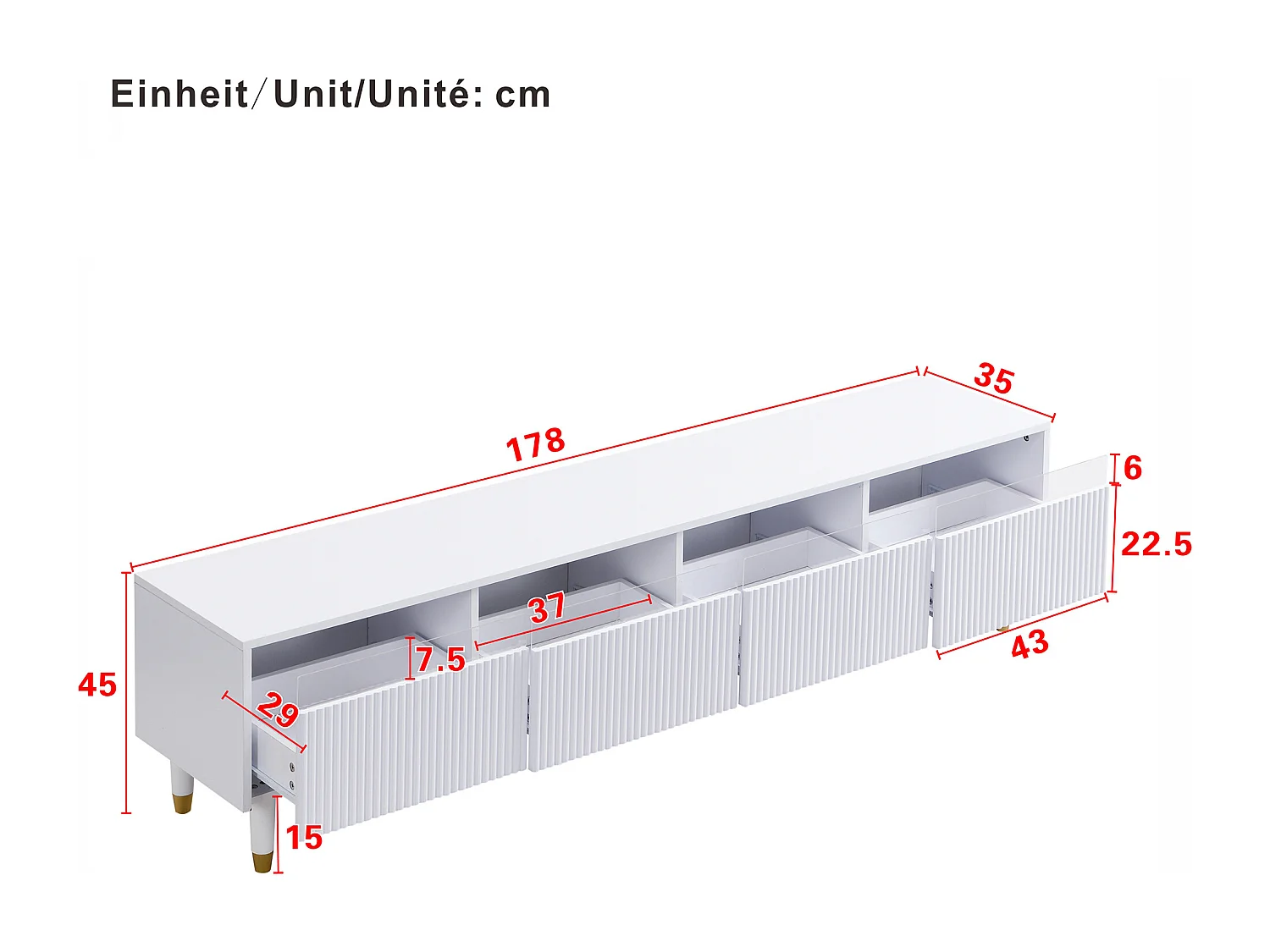 Mobile TV moderno 178×35×45 cm - con illuminazione LED - 4 cassetti - MDF - bianco