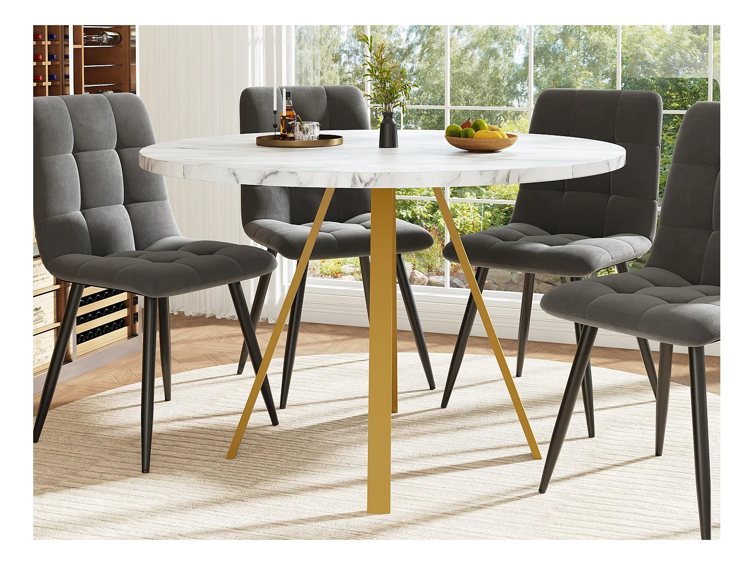 Table à manger ronde pour 4 personnes 80x80x75cm - pieds en métal doré - blanc + doré