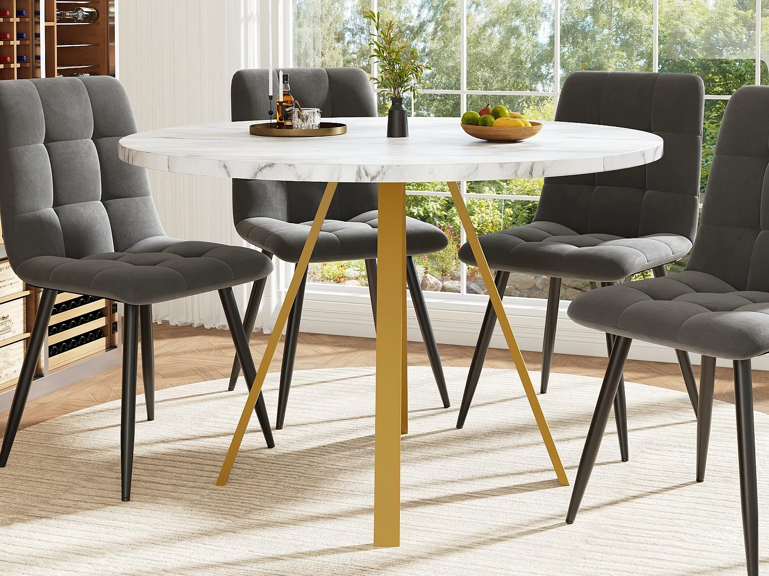 Table à manger ronde pour 4 personnes 80x80x75cm - pieds en métal doré - blanc + doré