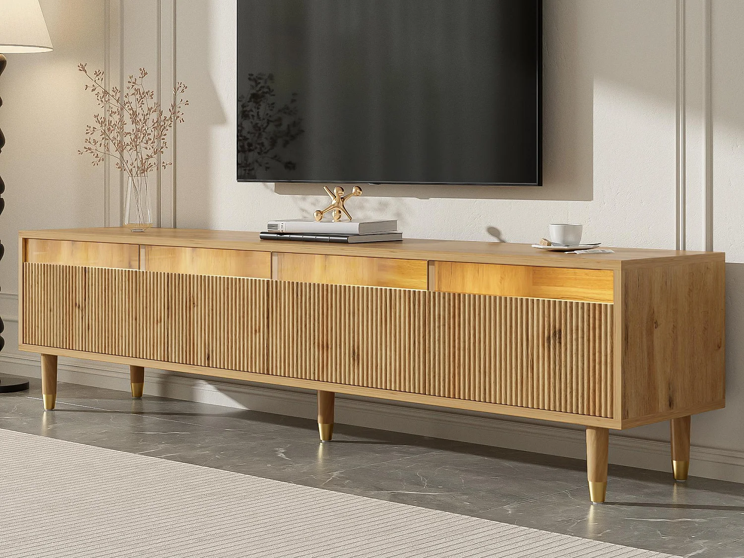 Moderner TV-Schrank 178×35×45 cm - mit LED-Beleuchtung - 4 Schubladen - Holzoptik - MDF - natur