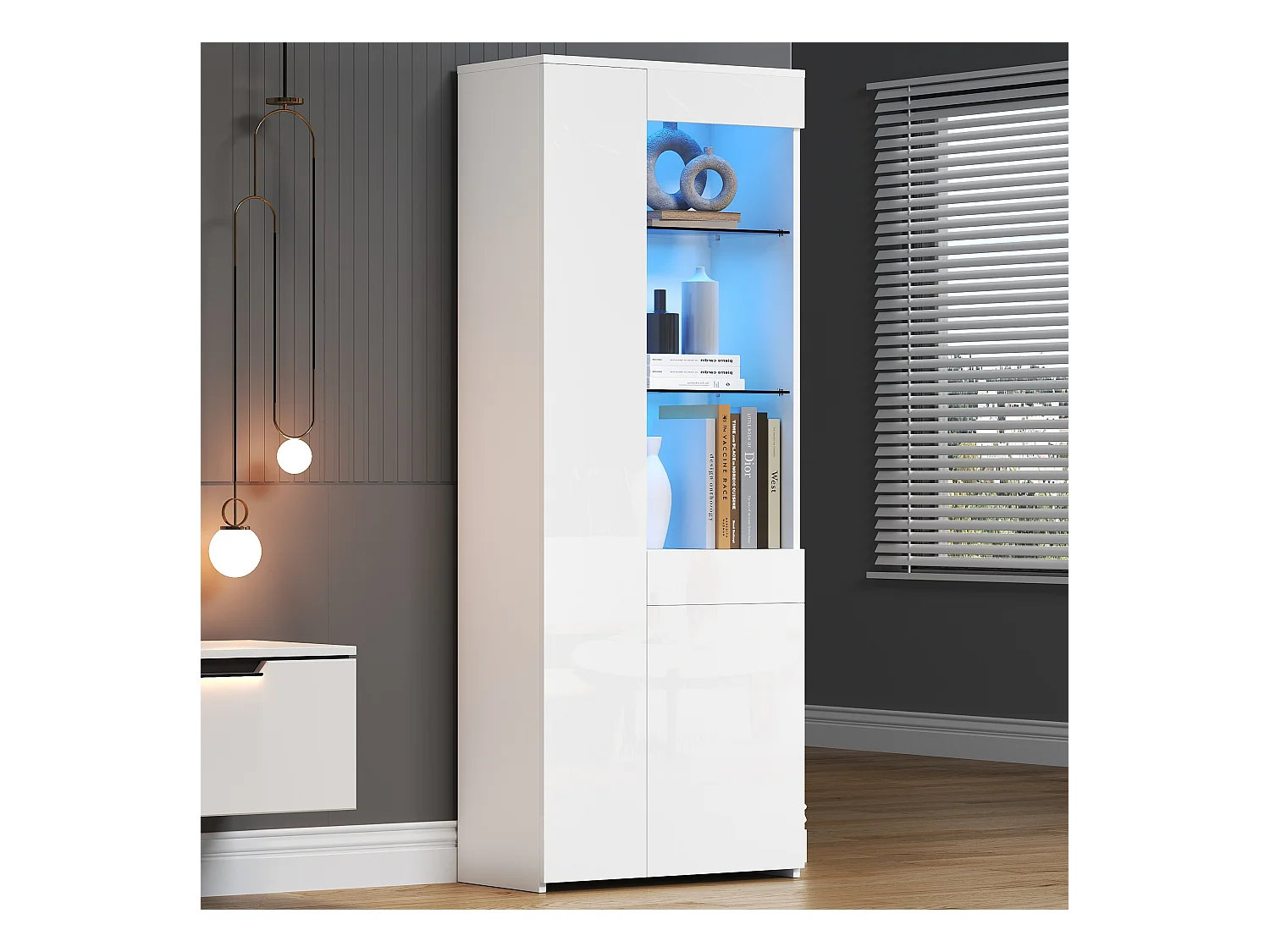 Hochglanz-Vitrine 70×35×180 cm - mit LED-Beleuchtung - 2 Türen und 1 Schublade - weiß