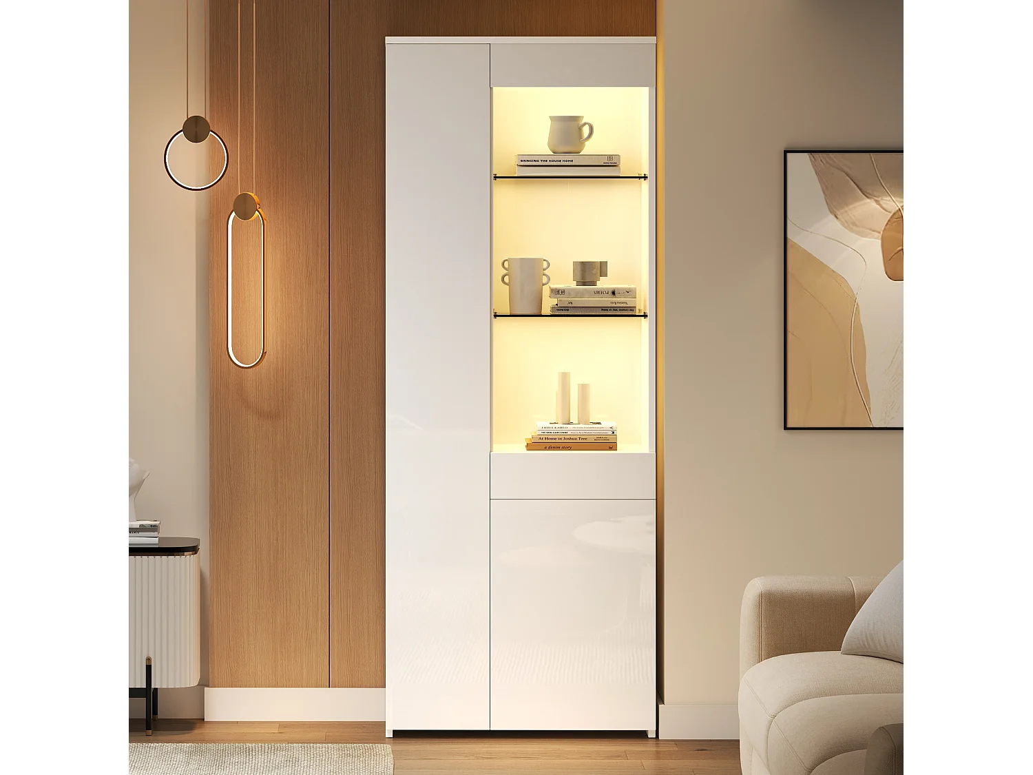 Hochglanz-Vitrine 70×35×180 cm - mit LED-Beleuchtung - 2 Türen und 1 Schublade - weiß