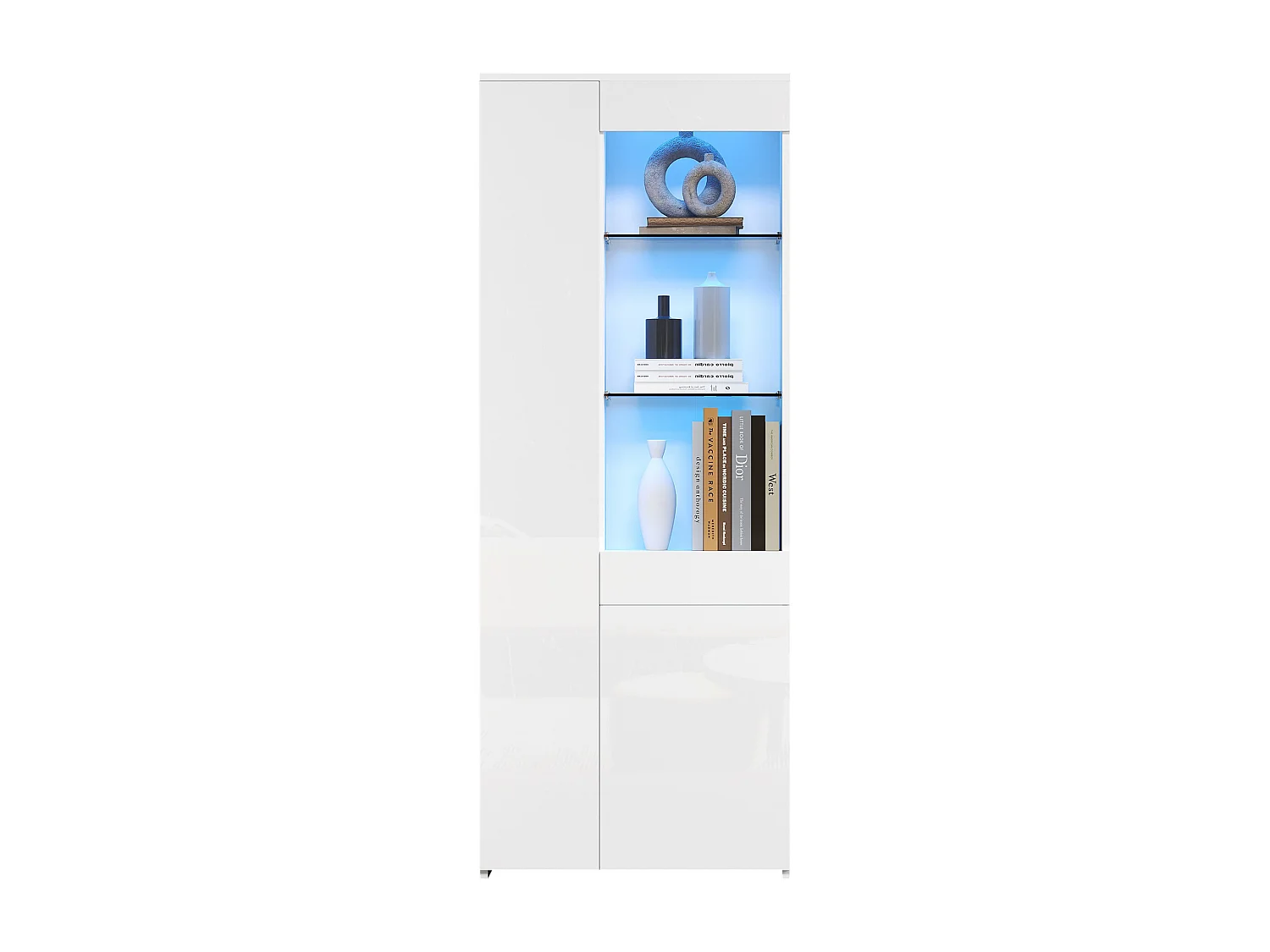 Hochglanz-Vitrine 70×35×180 cm - mit LED-Beleuchtung - 2 Türen und 1 Schublade - weiß