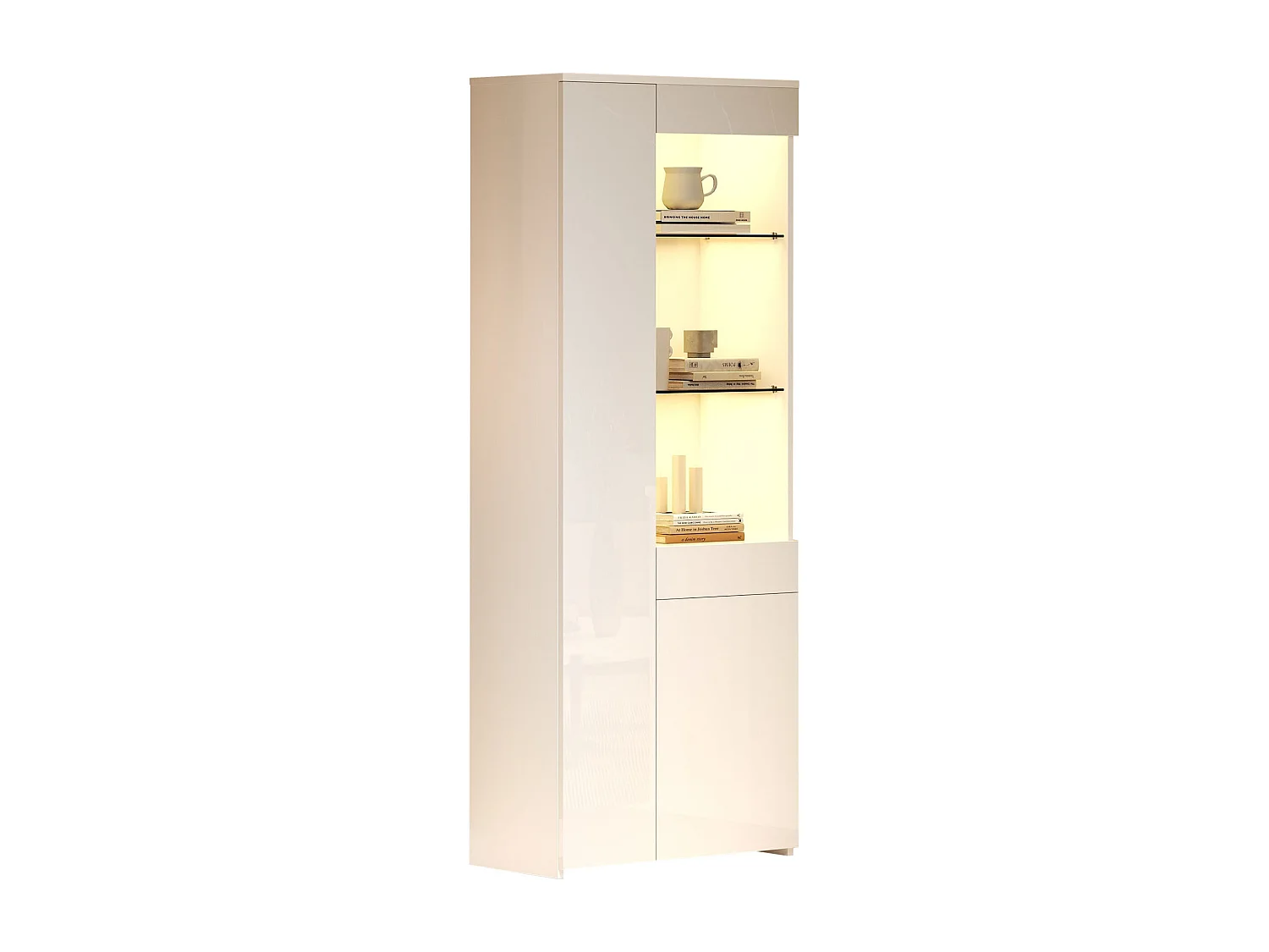 Hochglanz-Vitrine 70×35×180 cm - mit LED-Beleuchtung - 2 Türen und 1 Schublade - weiß