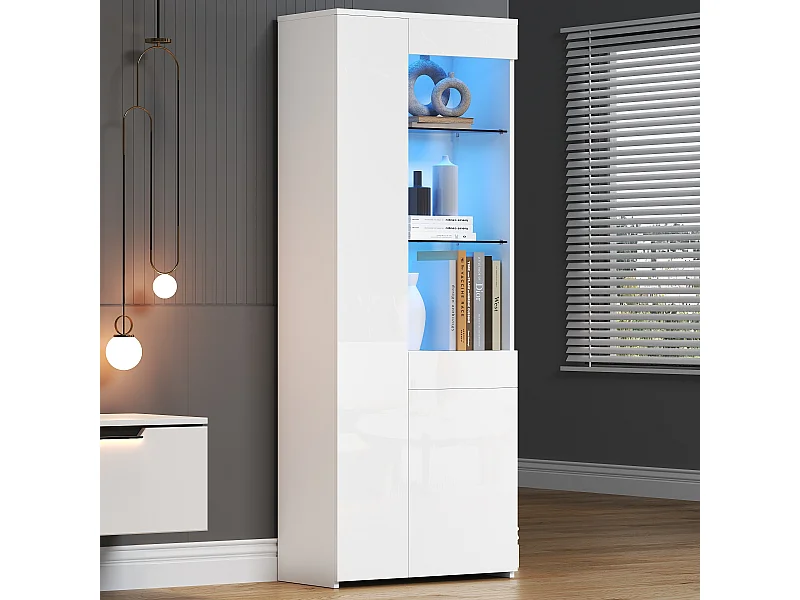 Vitrine haute brillance 70x35x180 cm - avec éclairage LED - 2 portes et 1 tiroir - Blanc