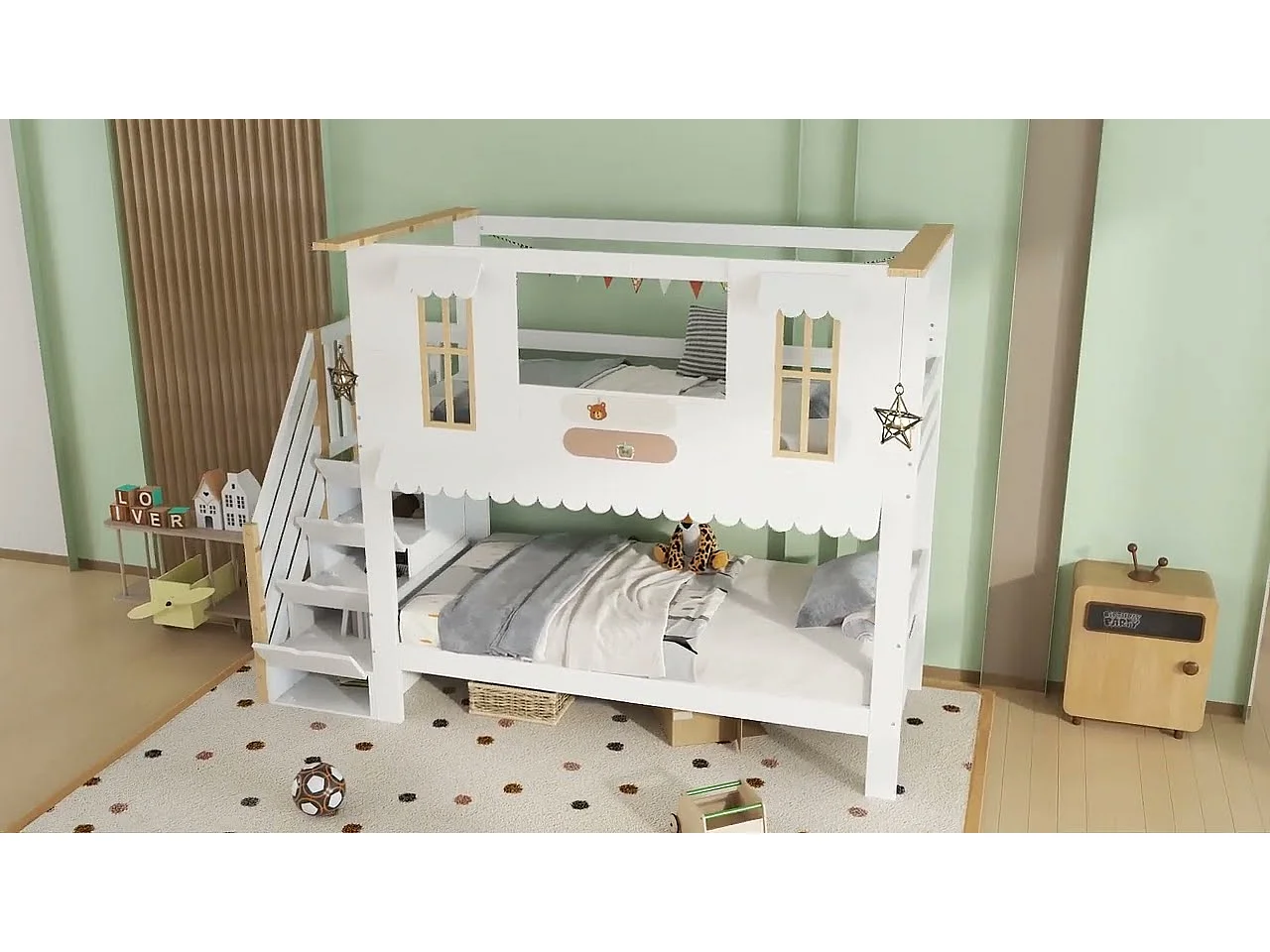 Lit superposé 90x200 cm - escalier avec rangement - avec des fenêtres exquises - avec 2 décorations en feutre - Bois massif + MDF - Blanc