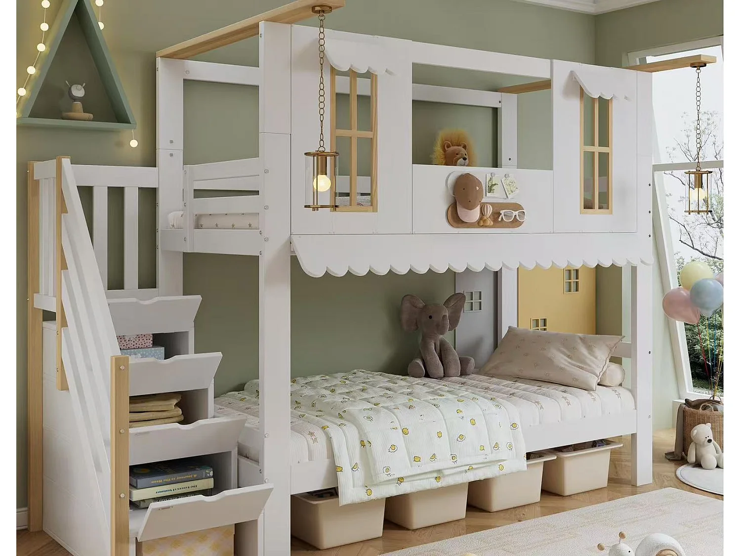 Lit superposé 90x200 cm - escalier avec rangement - avec des fenêtres exquises - avec 2 décorations en feutre - Bois massif + MDF - Blanc