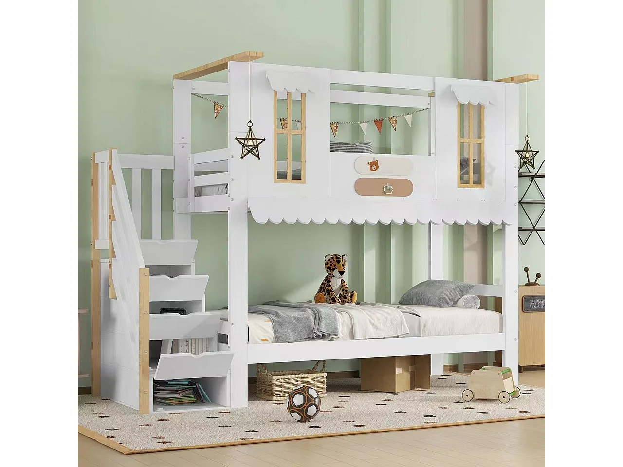 Lit superposé 90x200 cm - escalier avec rangement - avec des fenêtres exquises - avec 2 décorations en feutre - Bois massif + MDF - Blanc