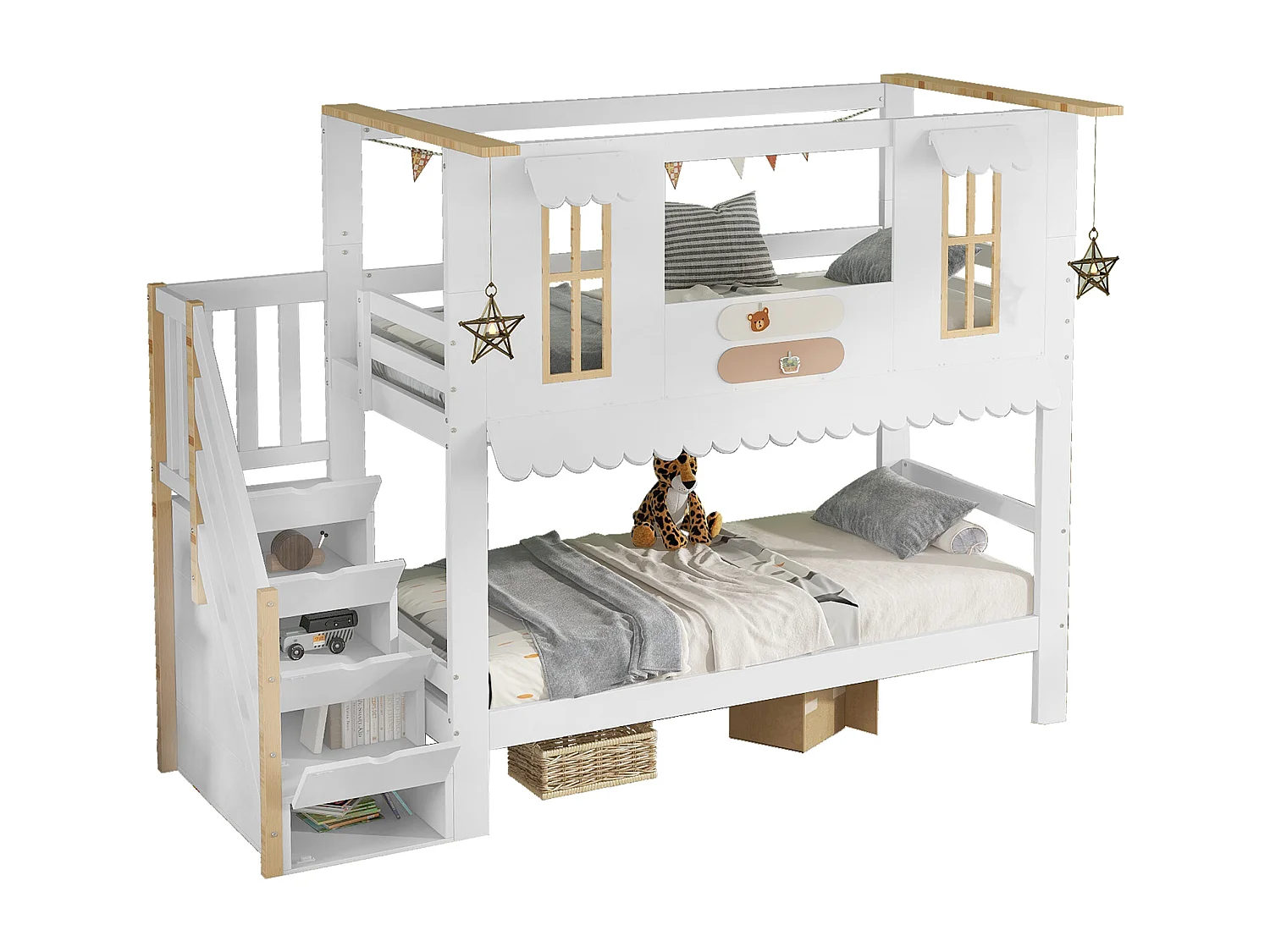 Lit superposé 90x200 cm - escalier avec rangement - avec des fenêtres exquises - avec 2 décorations en feutre - Bois massif + MDF - Blanc