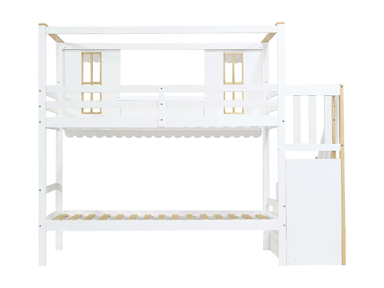 Lit superposé 90x200 cm - escalier avec rangement - avec des fenêtres exquises - avec 2 décorations en feutre - Bois massif + MDF - Blanc
