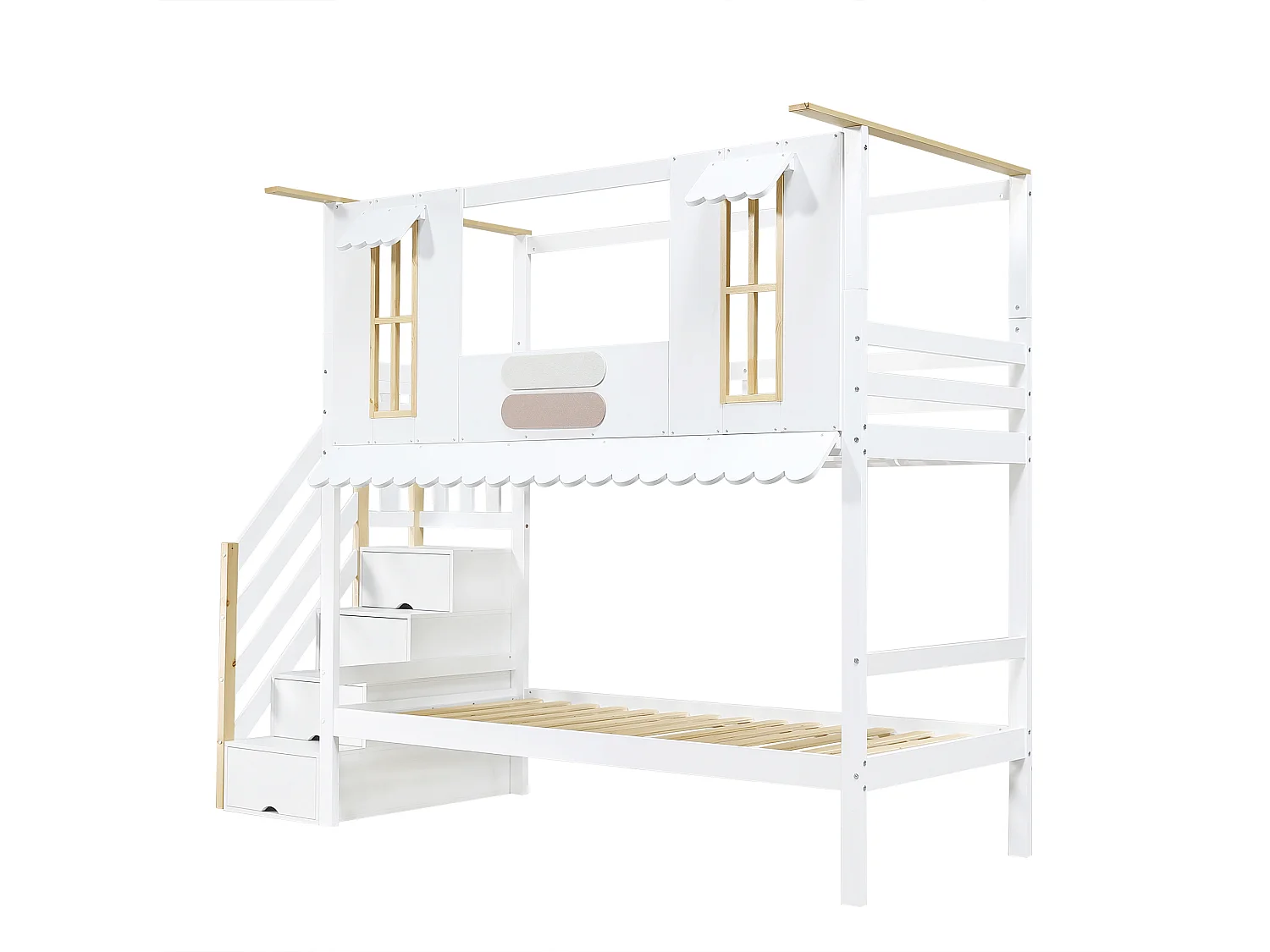 Lit superposé 90x200 cm - escalier avec rangement - avec des fenêtres exquises - avec 2 décorations en feutre - Bois massif + MDF - Blanc