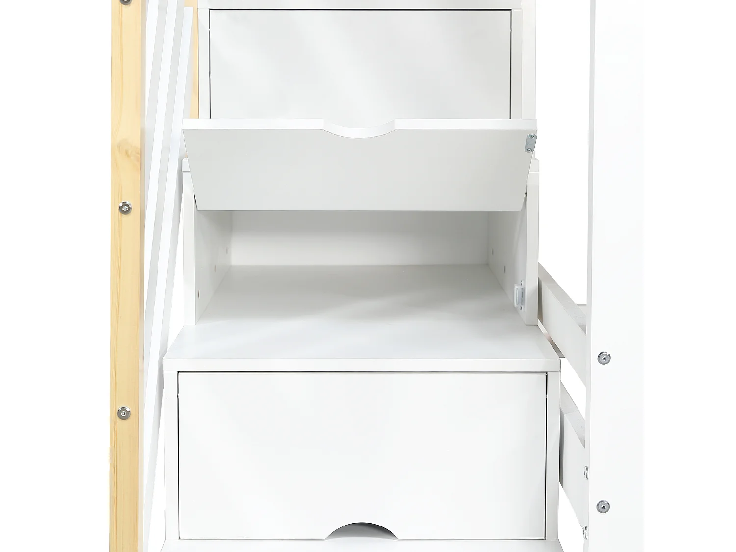 Lit superposé 90x200 cm - escalier avec rangement - avec des fenêtres exquises - avec 2 décorations en feutre - Bois massif + MDF - Blanc