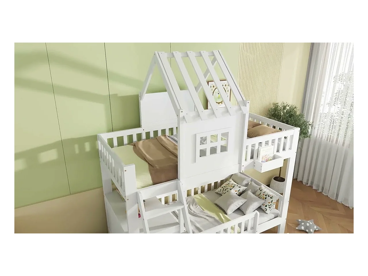 Lit superposé enfant 90x200 cm - avec bureau - avec 2 tiroirs - avec toit et fenêtres - Bois massif + MDF - Blanc (sans matelas)