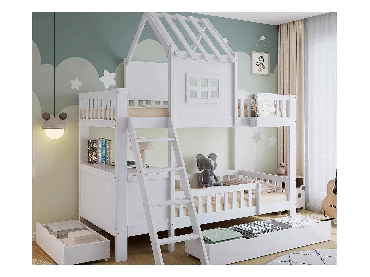 Lit superposé enfant 90x200 cm - avec bureau - avec 2 tiroirs - avec toit et fenêtres - Bois massif + MDF - Blanc (sans matelas)