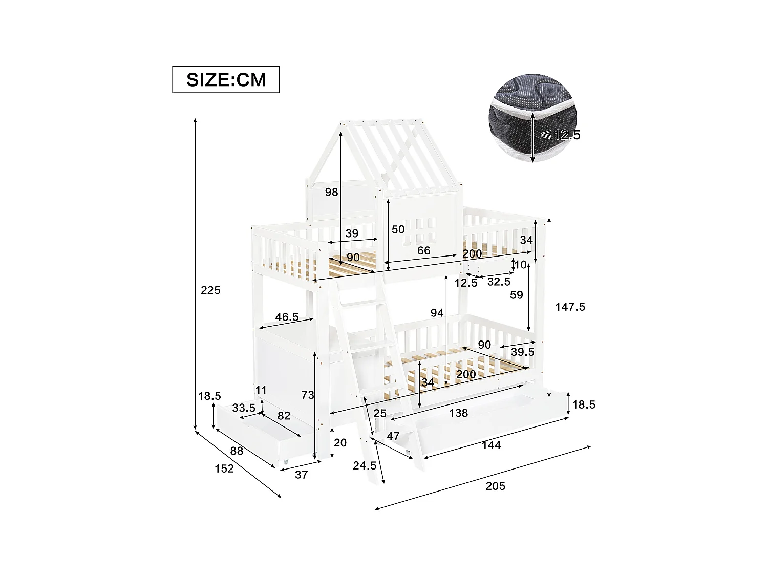 Lit superposé enfant 90x200 cm - avec bureau - avec 2 tiroirs - avec toit et fenêtres - Bois massif + MDF - Blanc (sans matelas)
