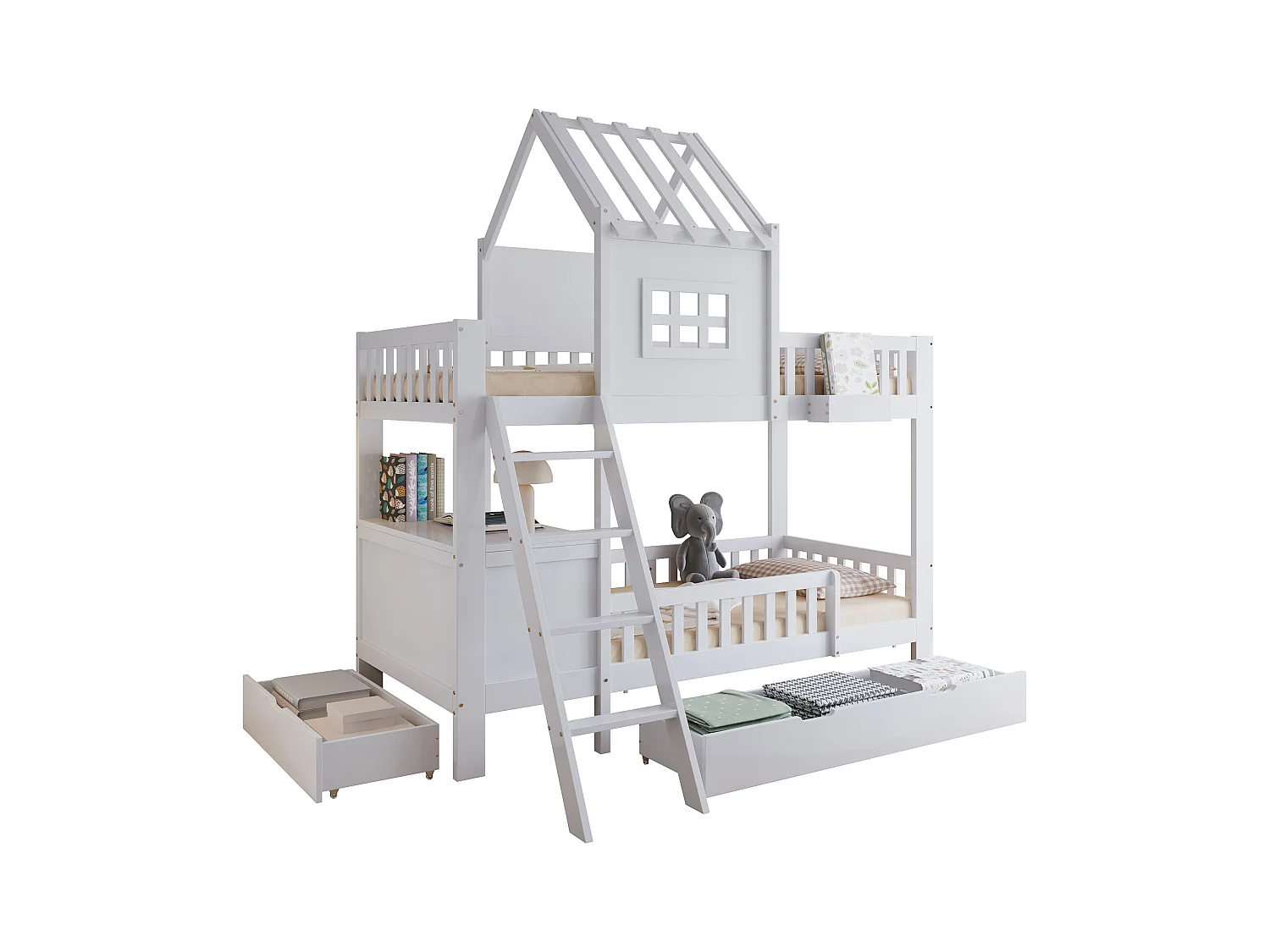 Lit superposé enfant 90x200 cm - avec bureau - avec 2 tiroirs - avec toit et fenêtres - Bois massif + MDF - Blanc (sans matelas)