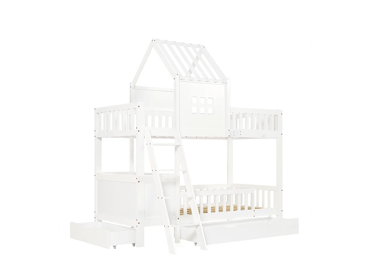 Lit superposé enfant 90x200 cm - avec bureau - avec 2 tiroirs - avec toit et fenêtres - Bois massif + MDF - Blanc (sans matelas)