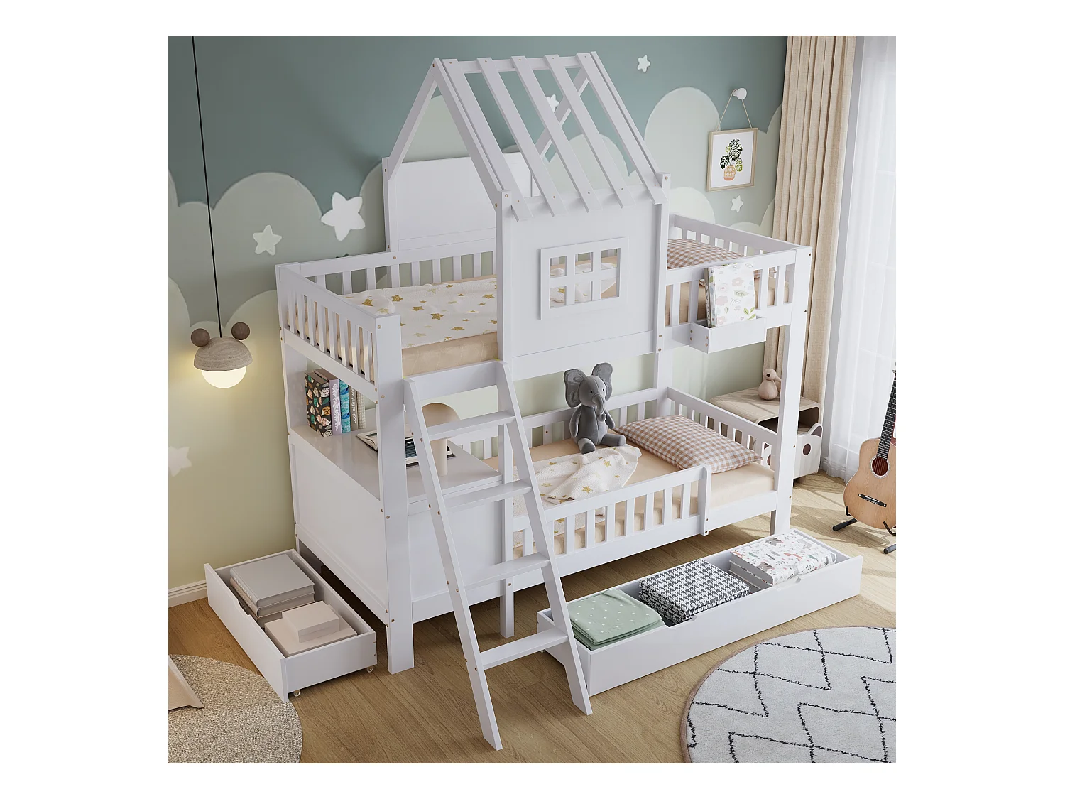 Lit superposé enfant 90x200 cm - avec bureau - avec 2 tiroirs - avec toit et fenêtres - Bois massif + MDF - Blanc (sans matelas)