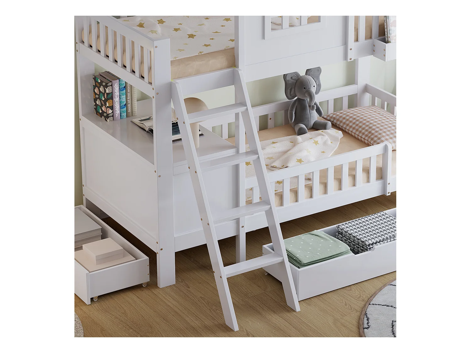 Lit superposé enfant 90x200 cm - avec bureau - avec 2 tiroirs - avec toit et fenêtres - Bois massif + MDF - Blanc (sans matelas)